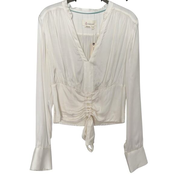 NWT Anthropologie Sz M White Silky Tie Waist Cropped Blouse Smocked French Cuff - Picture 2 of 10